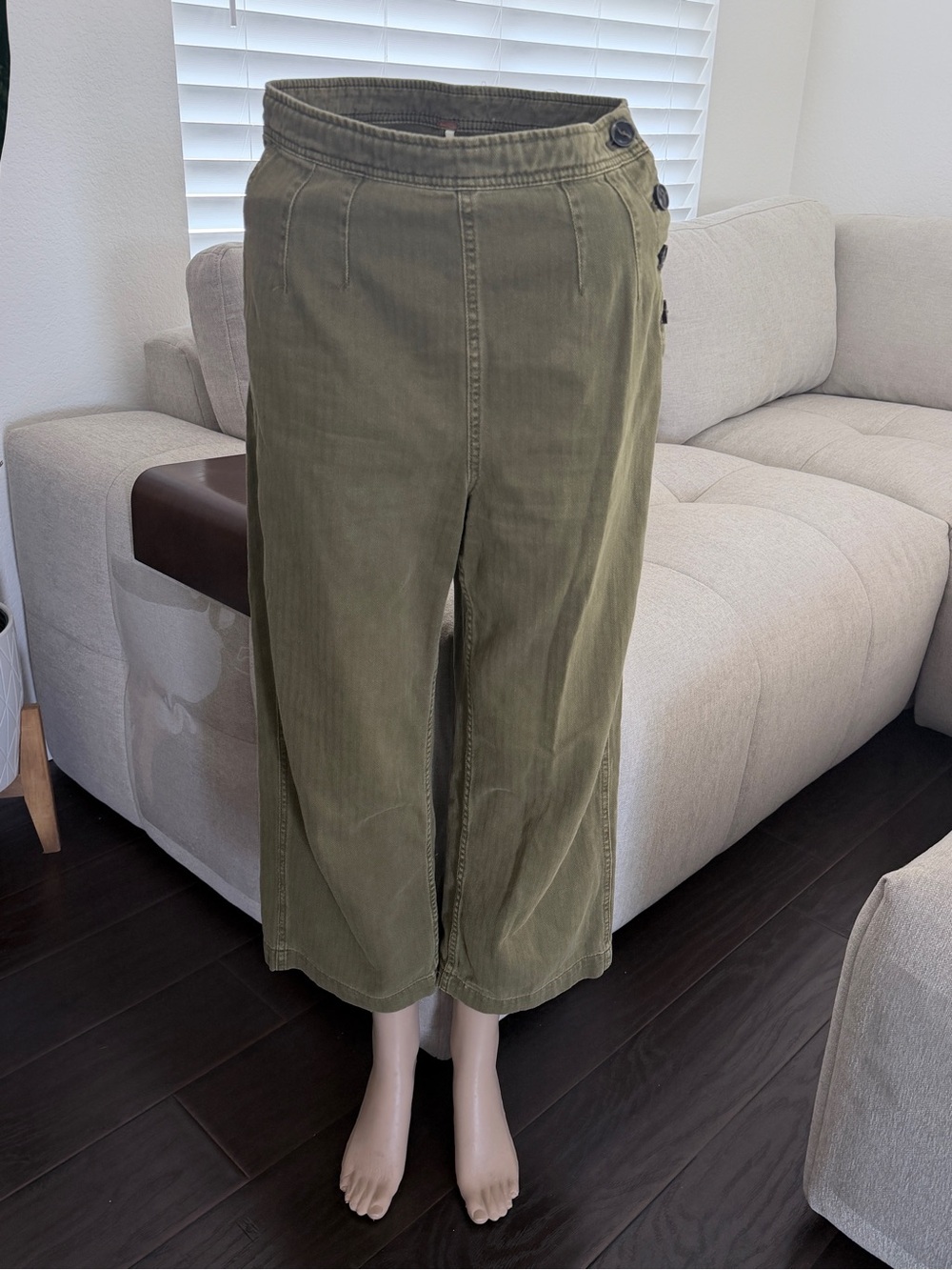 Free People High-Waist Button-Side Pants  in Olive Size 2